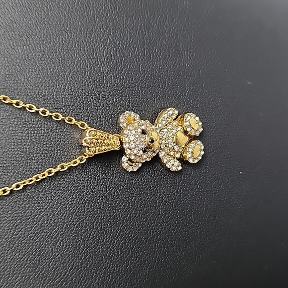 Bear Pendant Yellow Gold Tone Necklace Rhinestone - Picture 4 of 7